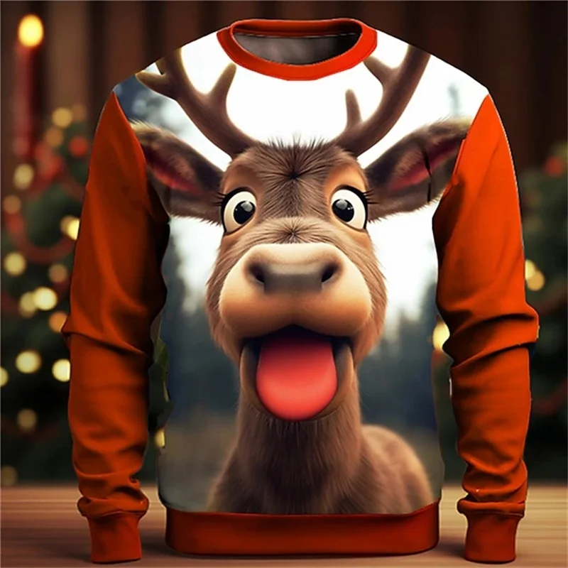 3D Print Men's Elk Graphic Sweatshirts Clothes Merry Christmas Long Sleeve Crew Neck Pullovers Hoodies Mens Xmas Party Hoody Top