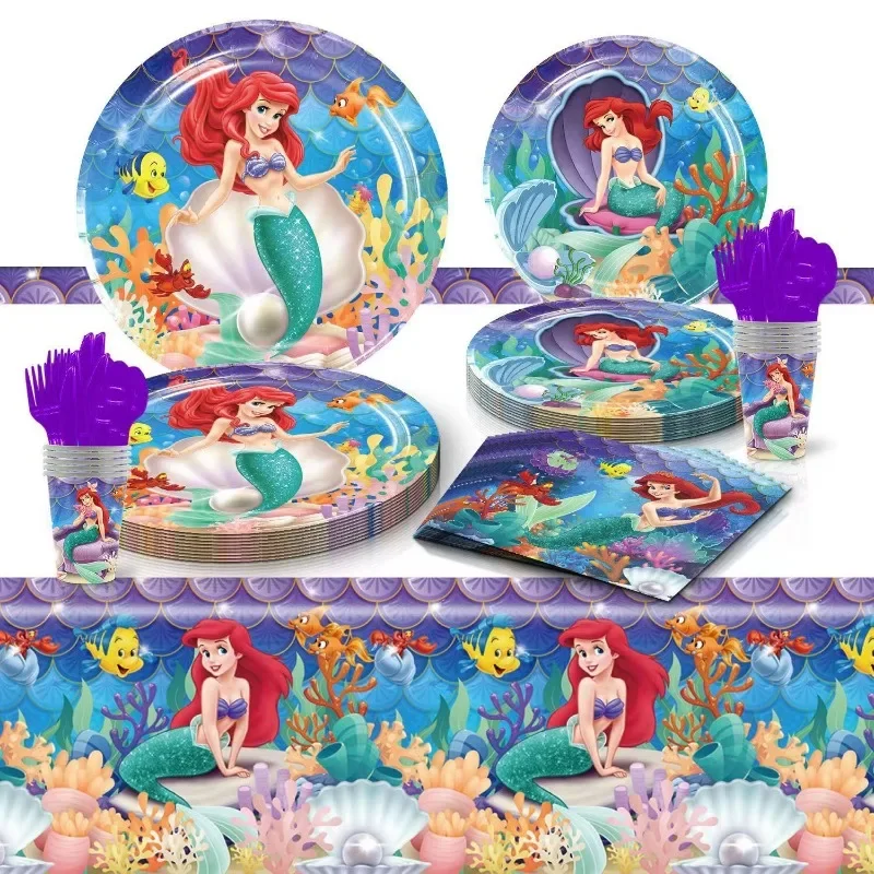 Disney Little Mermaid Theme Girl's Birthday Party Disposable Tableware Balloon Gift Bag pennant