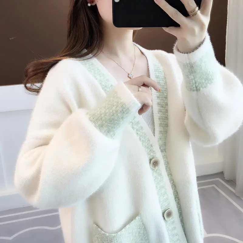 Mink Fleece Sweater Cardigan Women\'s 2024 New Spring and Autumn Thickened Loose Mid Length Knitted Coat Winter Clothes Women