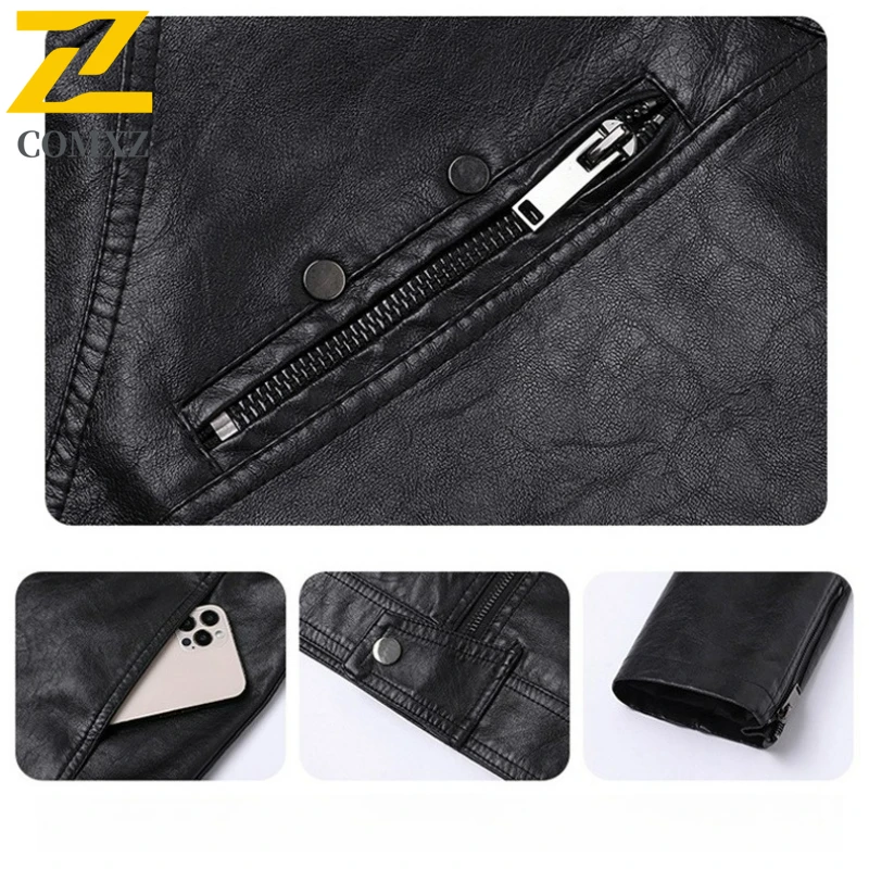 2025 PU Leather Jacket Men Winter Retro Motorcycle Faux Leather Jackets Stand Collar Windbreaker Ropa De Hombre Slim Biker Coat
