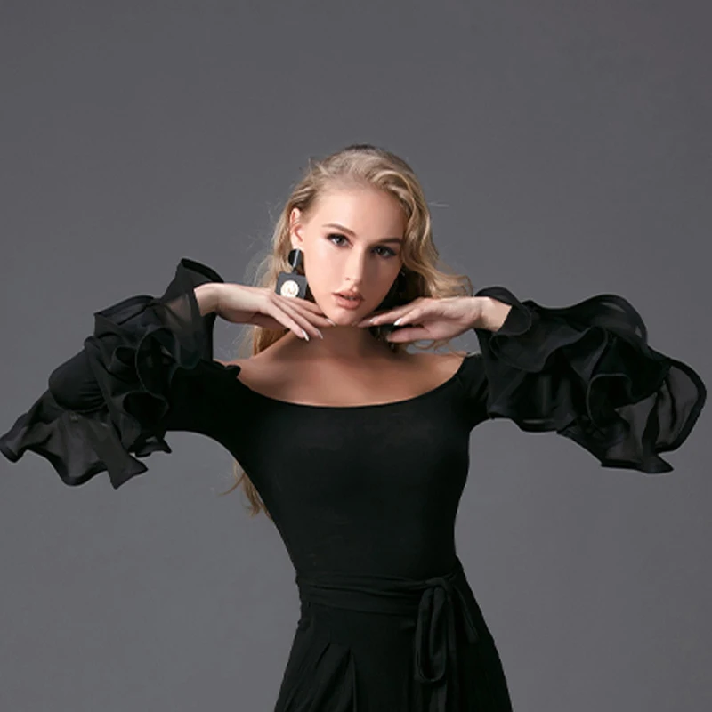 Fashion Black Ruffled Sleeved Latin Top Women Waltz Ballroom Dance Tops Adults Samba Rumba Latin Dance Competition Wear SL9656