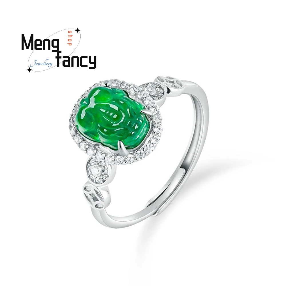 

High-grade Genuine S925 Silver Natural A-goods Jadeite Yang Green Pixiu Icy Jade Ring Adjustable Couple Fashion Luxury Jewelry