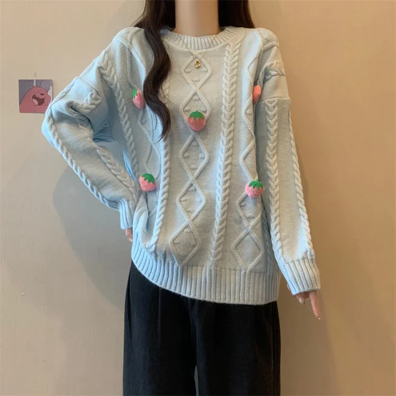 女性用の取り外し可能なストロベリーセーター,ラウンドカラー,ルーズニットセーター,愛らしい女の子,秋冬ファッション
