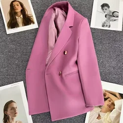 Giacca piccola con fibbia in metallo per donna inverno 2024 nuovo doppio petto semplice cappotto allentato dentellato solido OL blazer eleganti