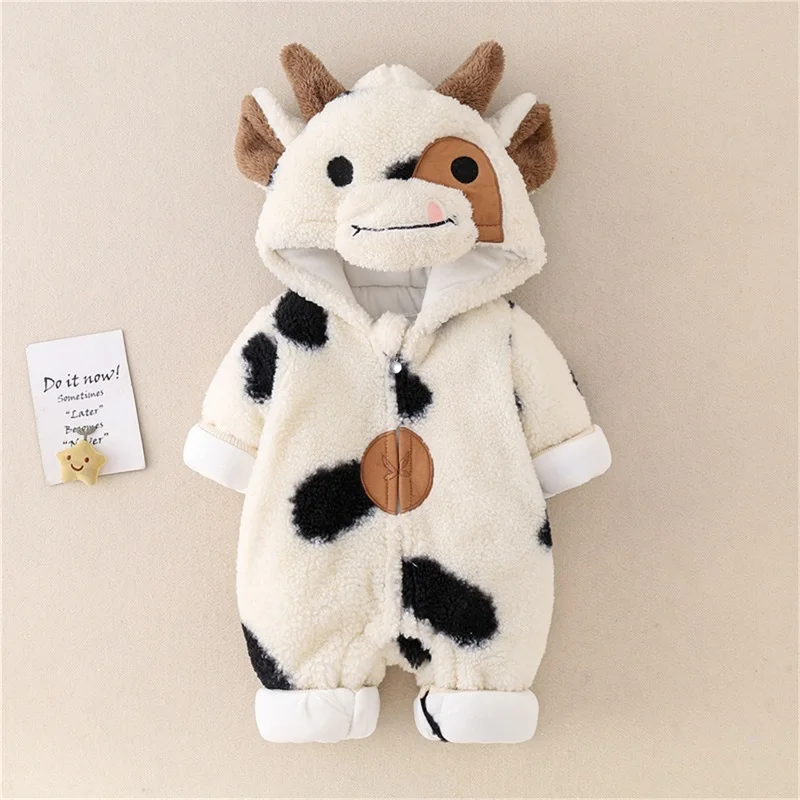 

Cute Winter Baby Girls Boys Hooded Romper Plush Cow Print Zipper Jumpsuit Toddler Long Sleeve Cartoon Playsuits Party Costume