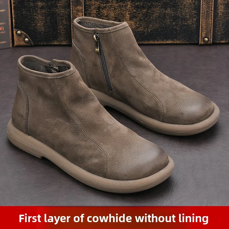 High Quality Genuine Leather Men's Shoes Toe Layer Cowhide Soft Leather Chelsea Boots Men's Retro British High Top Short Boots