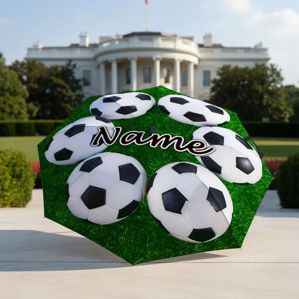 Custom Name Umbrella Six Soccer Balls On Green Grass Print Folding Umbrella, Portable Travel Parasol For Football Sports Fans