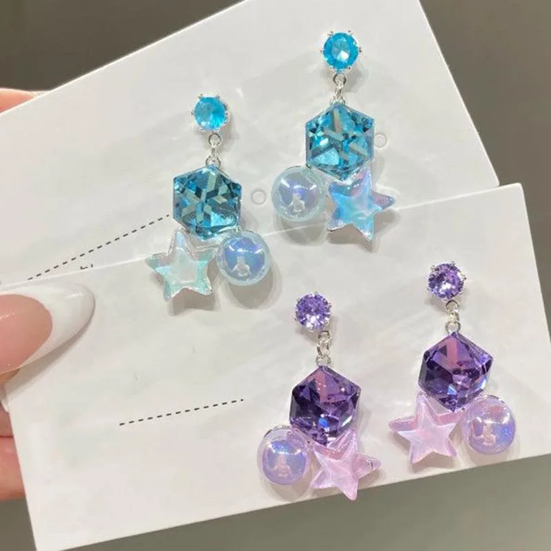 Kawaii Sparkly Cube Star Crystal Drop Earrings for Women Y2K Sweet Purple Blue Zircon Studs Jewelry Vacation Dating Accessories