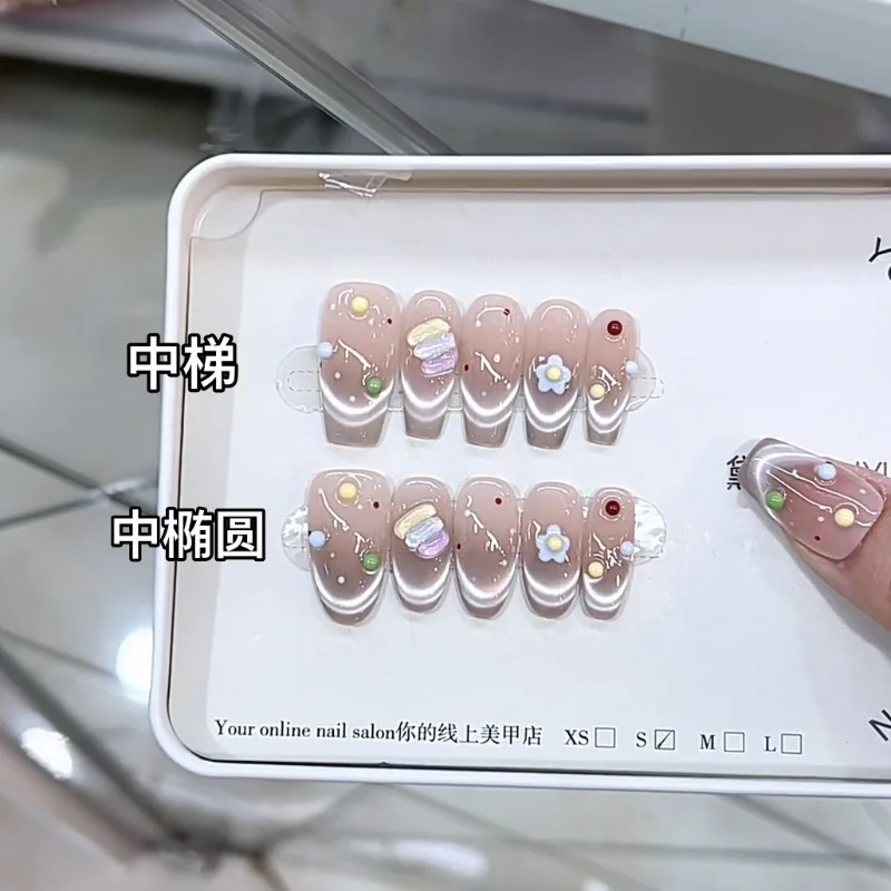 

10pcs Handmade Press Ons Nails for Girls Summer 3D Flower Ready Nails for Gluing Cat Eyes Nail Tips Reusable Adhesive Fake Nails