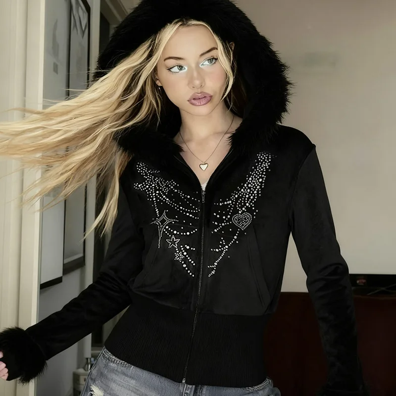 

Women's Gothic Aesthetic Zip Up Hoodie Autumn Winter Fur Collar Hoodie Y2k Slim Chic Cardigan Sweatshirt 2000s Harajuku Clothes