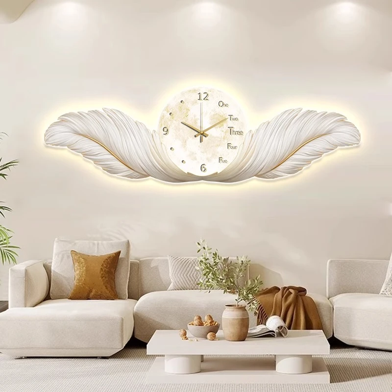 Nordic Luxury Wall Decor LED Feather Clock Painting Aesthetic Living Room Bedroom Background Wall Luminous Poster Canvas Mural