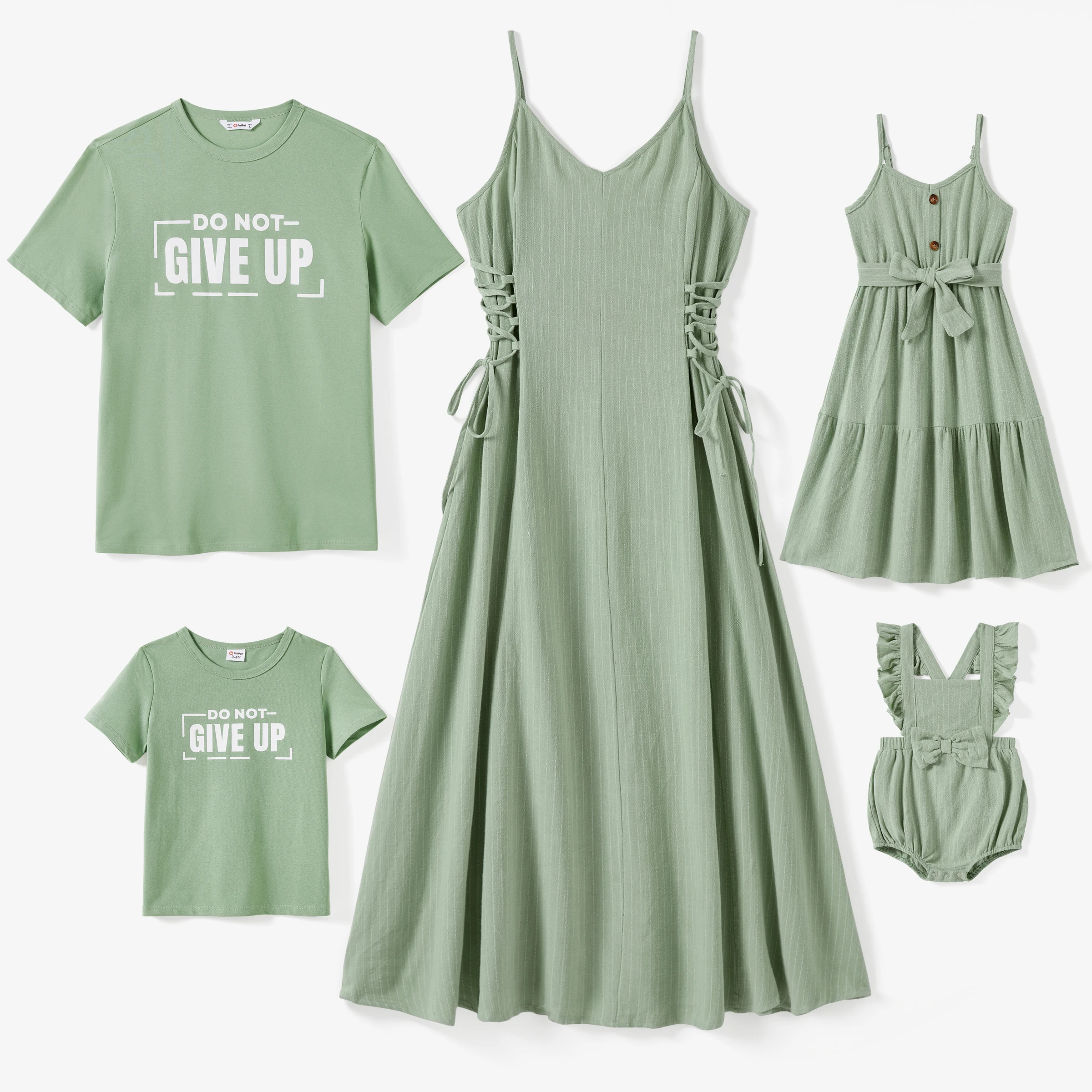 PatPat Family Matching Light Green Slogan Tee and Lace sides Strap Dress Sets