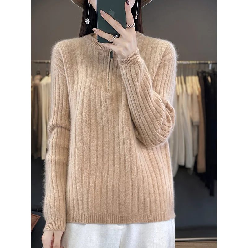 Fashion Solid Zipper Round Collar Sweater For Women 100% Wool 2023 Autumn Winter New Casual Knitwear Long Sleeve Female Tops