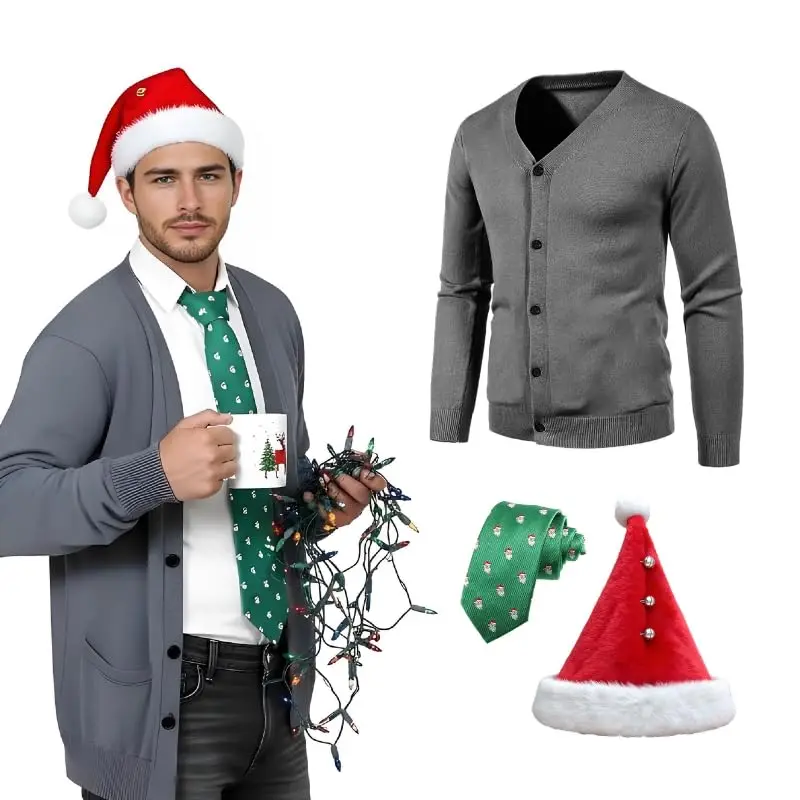 

3Pcs Christmas Men Costume Set Santa Hat Green Tie Grey Cardigan Sweater Outfit for Adults 1980s Party Cosplay