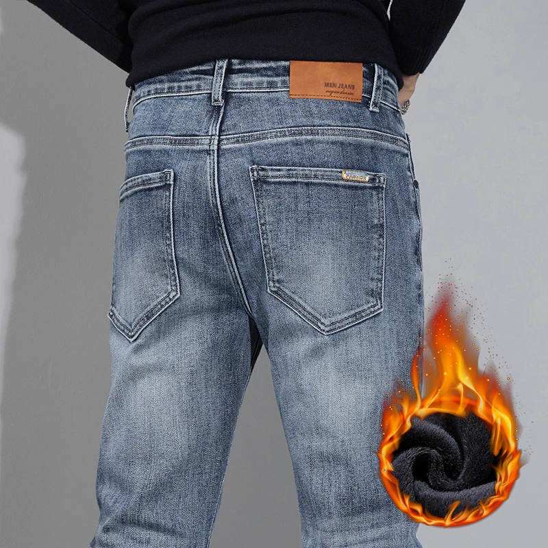 

Модные зимние мужские эластичные флисовые джинсы, удобные толстые теплые прямые повседневные бархатные деловые брюки, мужские плюшевые джинсовые брюки