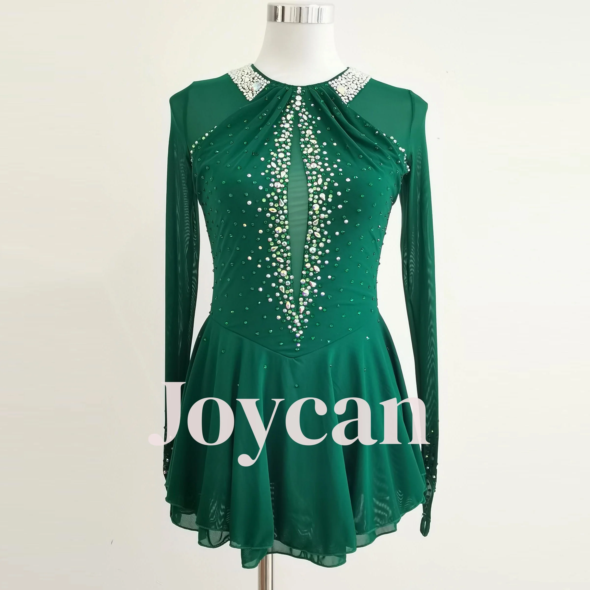 JoyCan Ice Figure  Skating  Dress Girls Green Spandex Stretchy Mesh Competition Dance Wear Customized JC240
