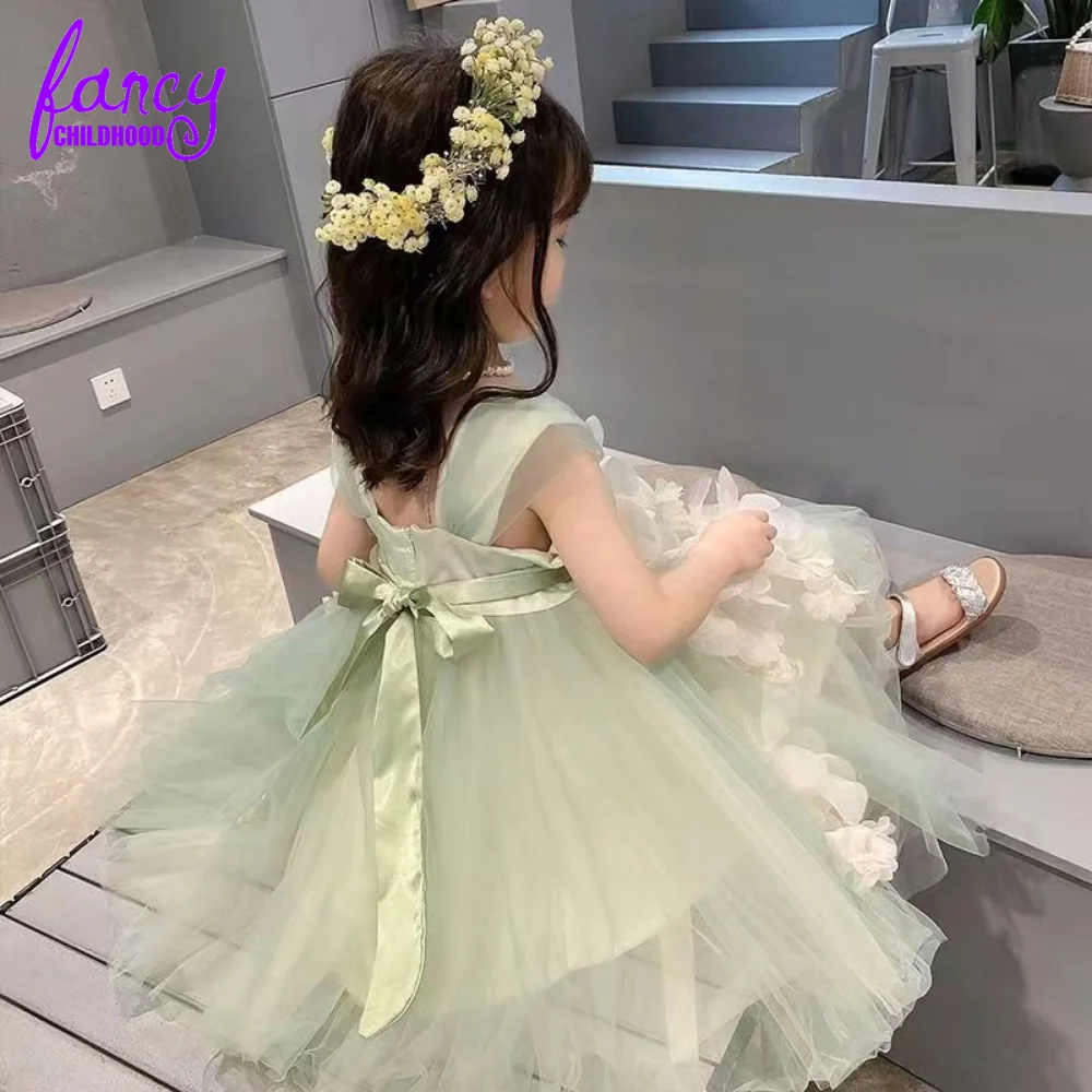 2023 Kids Tutu Birthday Princess Party Wear Lace Sage Green Girl Dress Children Bridesmaid Elegant Dress for Baby Girls Clothes