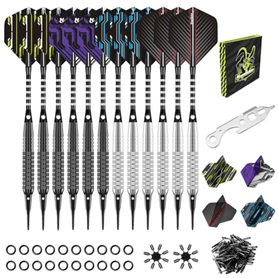 

Soft Tip Darts Set 12 Pack, 18g, with 50 Extra Tips, 16 Flights, 20 O-Rings, 2 Flight Protectors, Wrench for Electronic Dart Bo