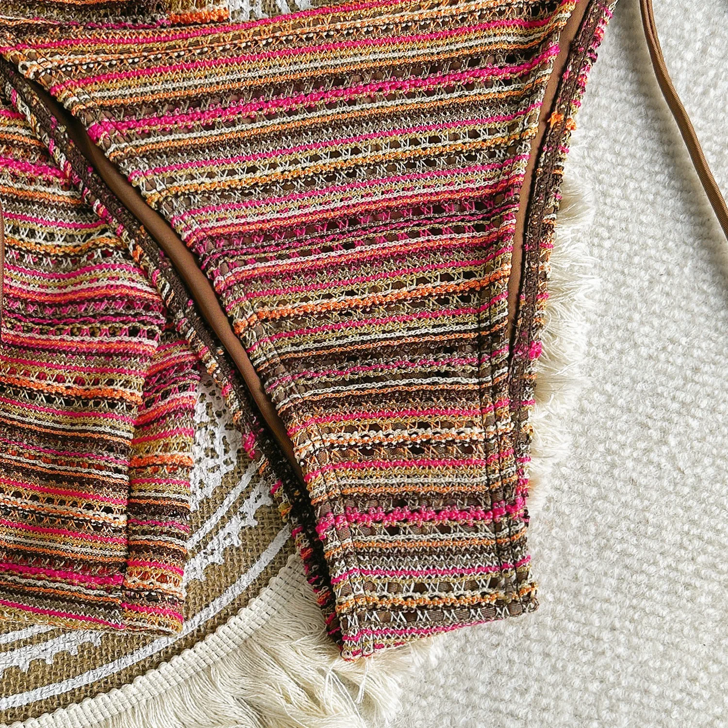 Seksowne, dziergane bikini w paski z wiązaniem na szyi, trzyczęściowe zestawy ze spodenkami, stroje kąpielowe, odzież plażowa, kostium kąpielowy, tankini biquini