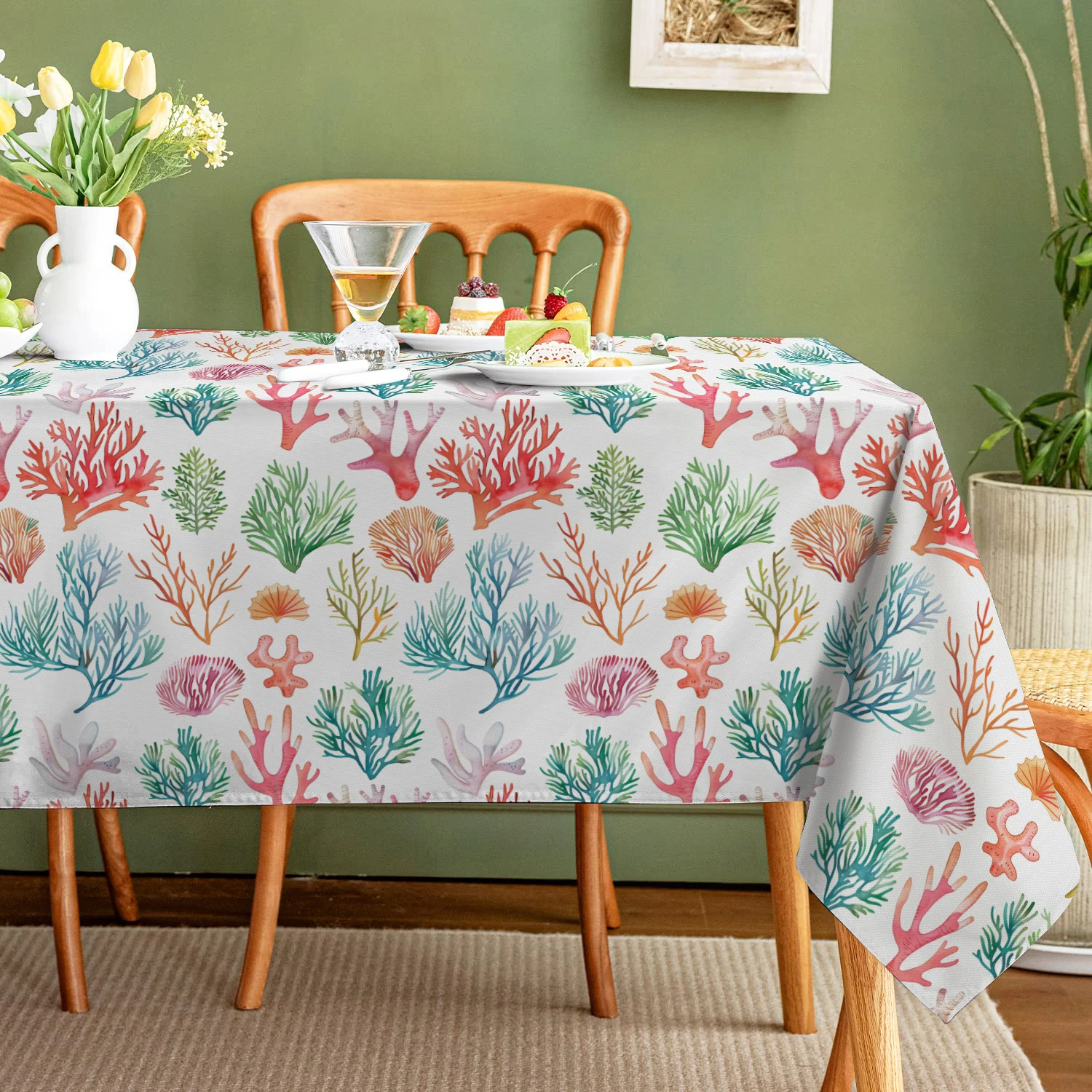 Marine Coral Watercolor Fish Rectangle Decoration Tablecloth Waterproof Durable Table Cloth Kitchen Dining Room Home Decor