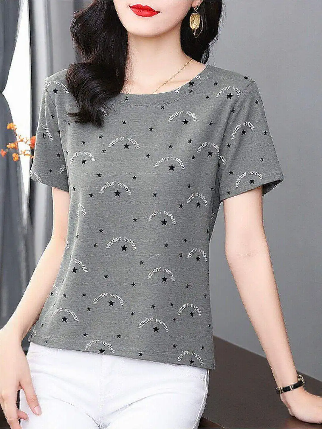 

Summer Fashionable Loose round Neck Short Sleeve T-Shirt Women's All-Match Printed Top Casual Style Polyester Fiber Tee