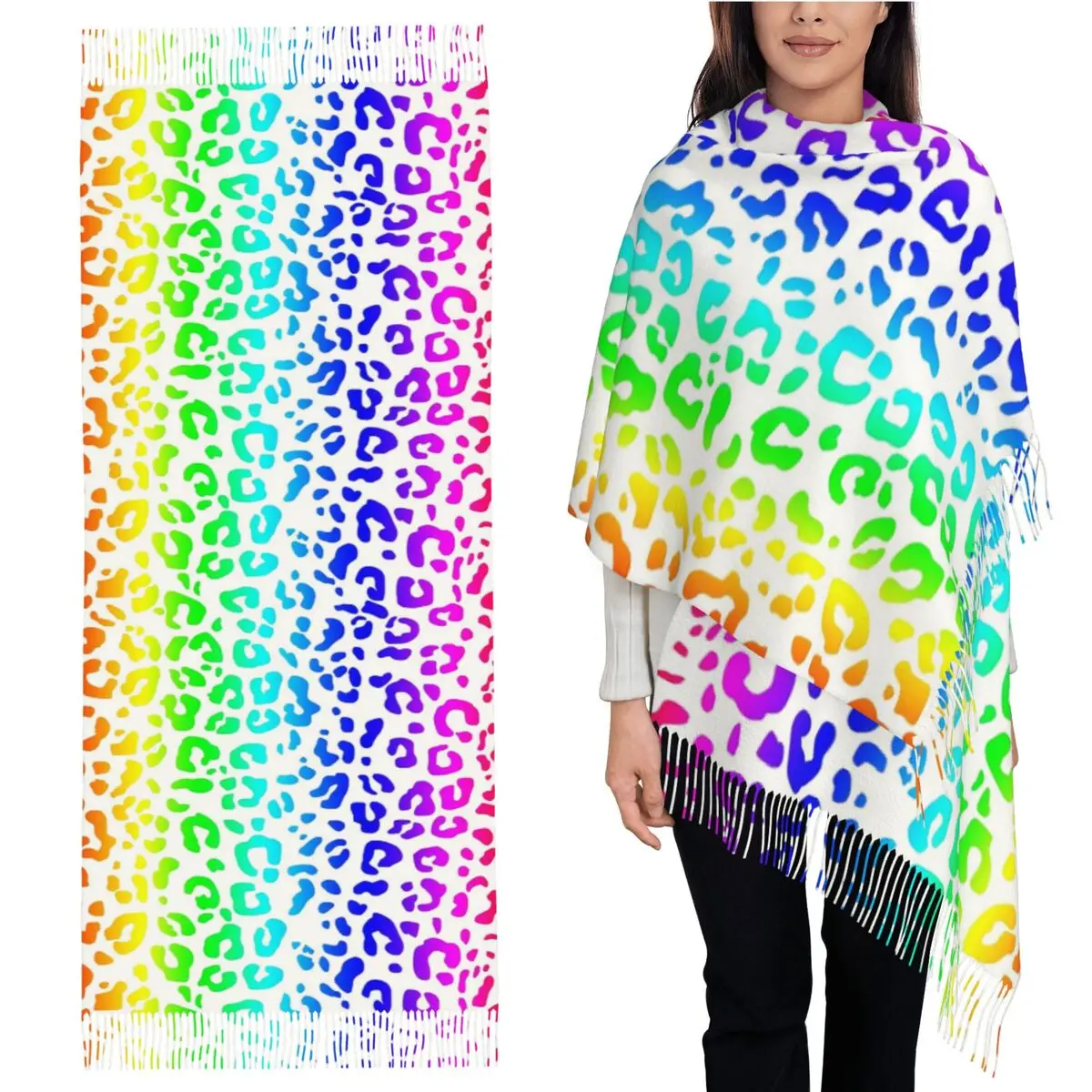 

Rainbow And White Spots Leopard Print Scarf Tassel Scarves for Women Soft Warm Shawls and Wraps Long Fall Winter Shawl Wrap