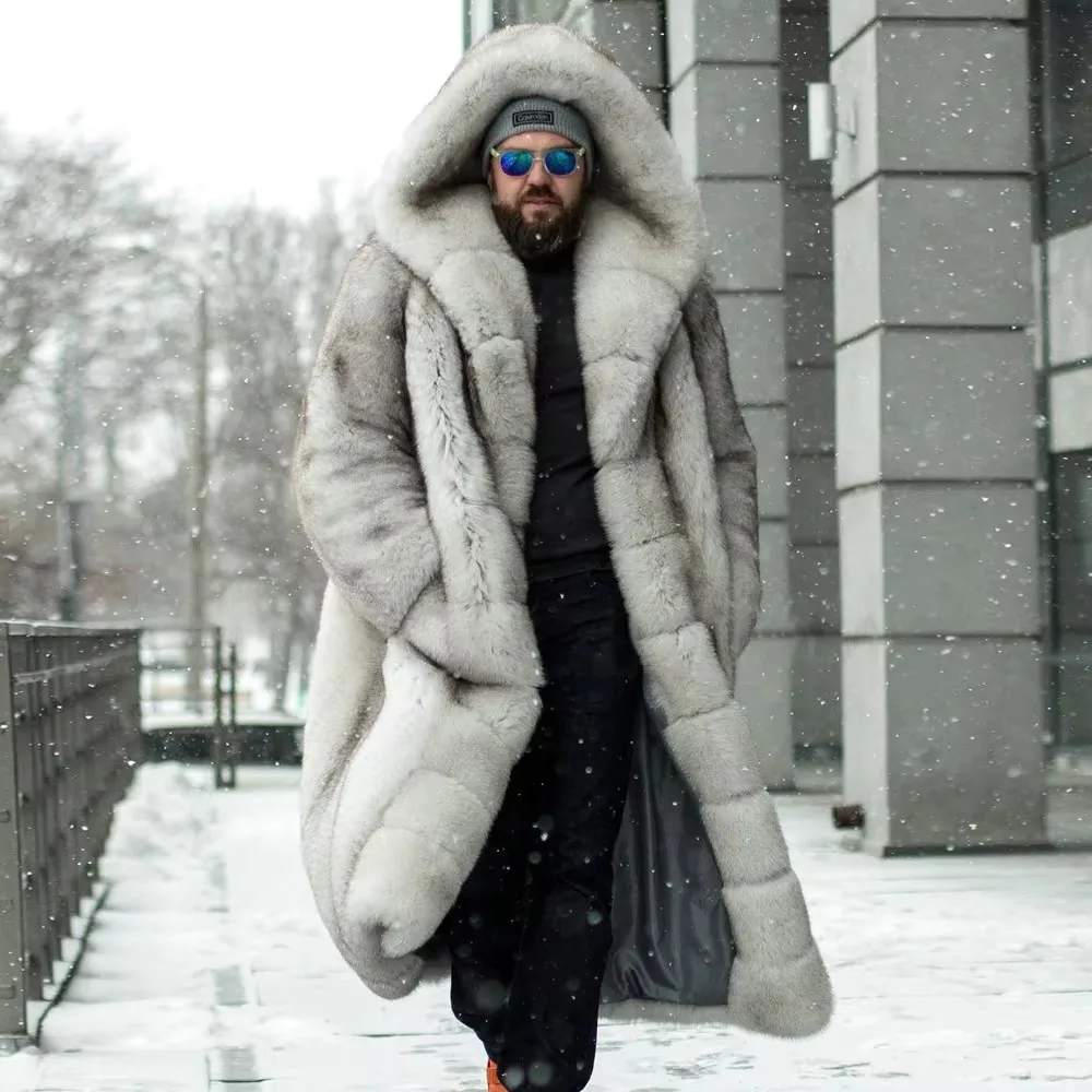 BFFUR Luxury Real Fox Fur Coat for Men Thick Warm Full Pelt Genuine Fur Jacket Men's Natrual Fox Outwear Coat With Hood