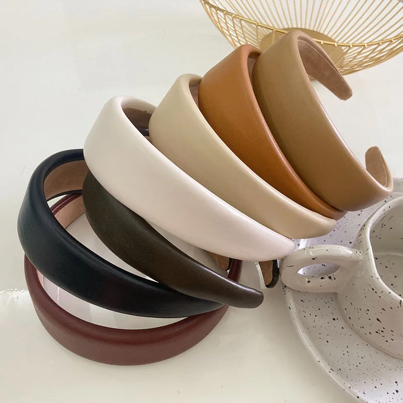 

Винтажные повязки на голову из искусственной кожи, повязки для волос для женщин и девочек, однотонные широкие губки, толстые обручи для волос, резинки для волос, ободок, модные аксессуары для волос