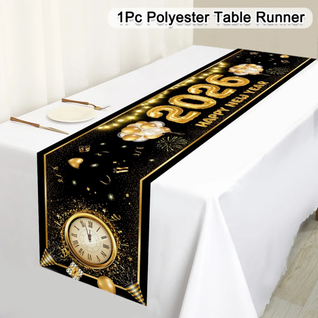 Frohes Neues Jahr 2026 Tischdekoration aus Champagner-Polyester, Neujahrsparty, Küche, Tischdekoration