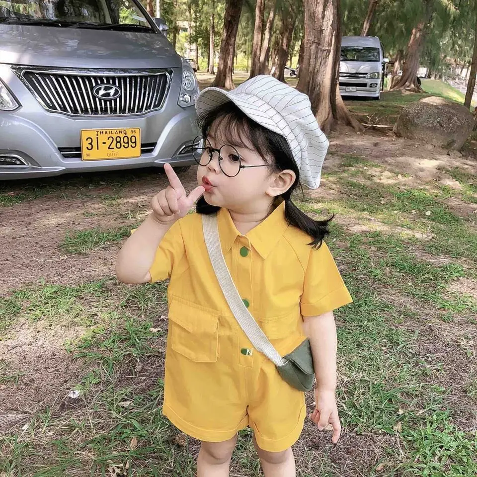 

Baby Korean Children's Clothing 2025 Baby Cotton Summer Shorts for Boys and Girls Western-style Shoulder Strap Jumpsuit