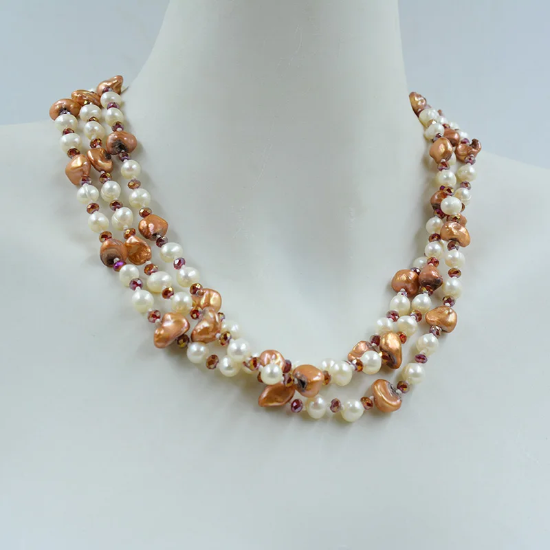 3 strands  natural white freshwater pearls. Brown regenerated pearl crystal necklace. Classic Women Party Jewelry  19”