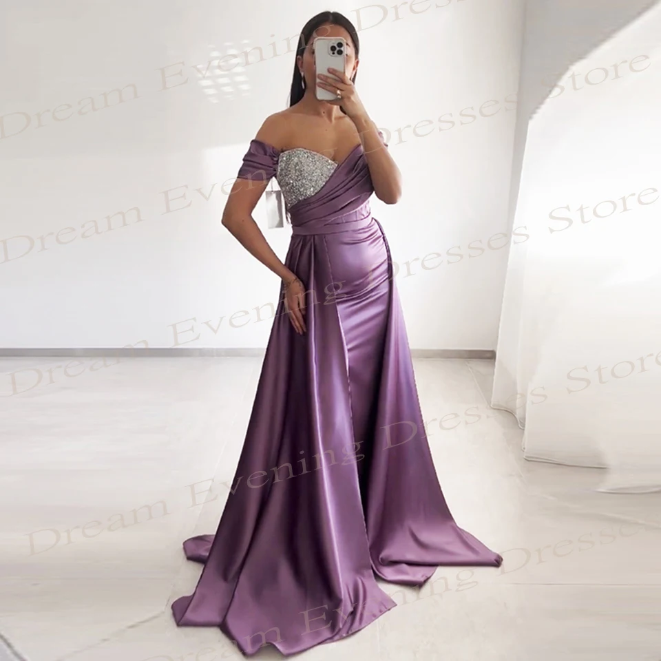 Modne fioletowe damskie suknie wieczorowe Mermaid Popularne suknie wieczorowe Charming Off the Shoulder Beaded Prom Gowns Sleeveless Pleated 이브닝드레스