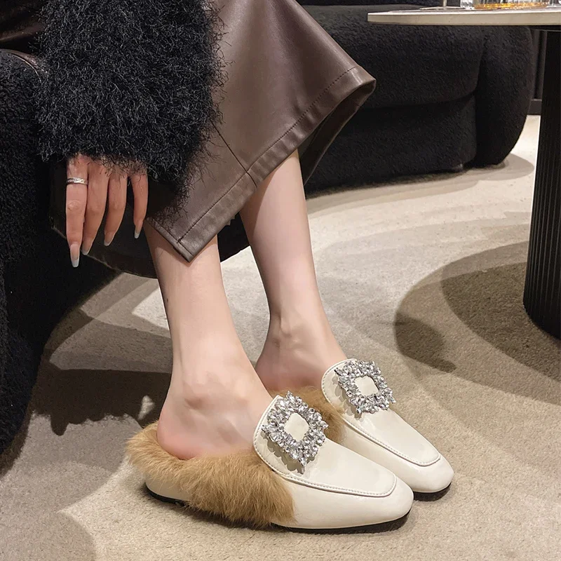 Fur Warm Mules Shoes Women Chunky Slippers Crystal Luxury Casual Flip Flops 2024 Fashion New Autumn Plush Walking Zapatos Mujer