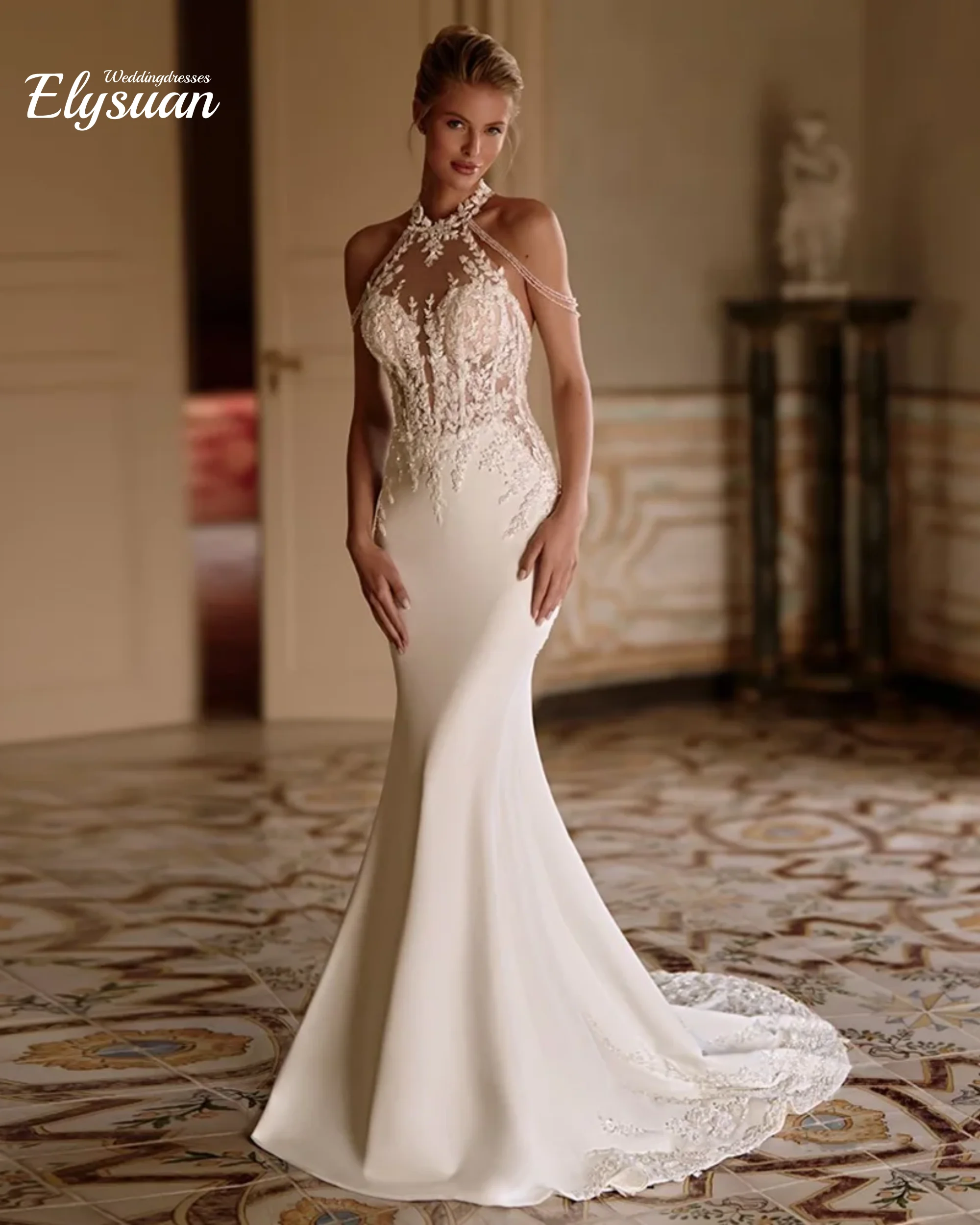 Customized Sexy Mermaid Wedding Dresses Bridal Gown Halter Sleeveless Open Back Beading Applique Sweep Train B Vestidos De Novia