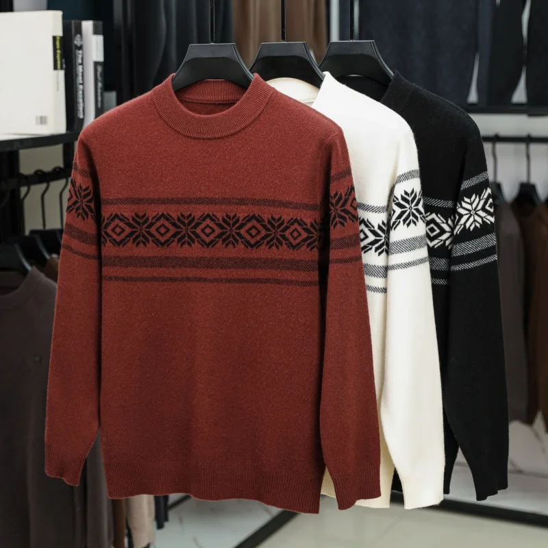 Wool100% Men's Luxury Autumn Winter Sweater Round Neck Jacquard 12Stitches Keep Warm Long Sleeves Sweater Fashion Exquisite Top