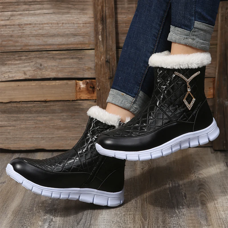 Women\'s Thick waterproof down snow boots Fashion warm plush Metal Decoration winter boots Non-slip PU Leather zipper Ankle Boots