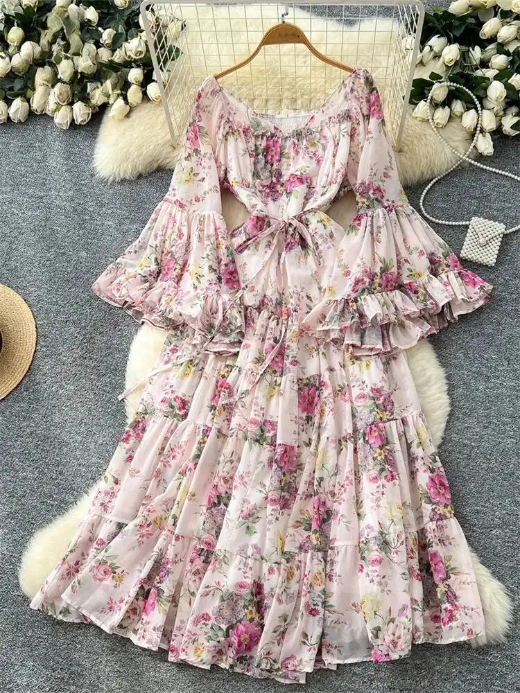 Vestido de praia francês feminino sexy fora do ombro manga alargada floral chiffon vestidos longos outono folha de lótus babados longo robe