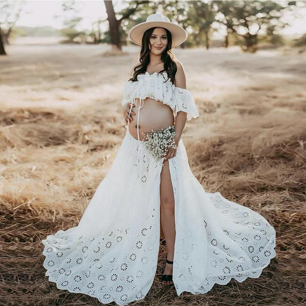 

Off the Shoulder Elastic Waist Boho Maternity Dress for Photo Shoot Cut-out Flower White Beach Wedding Maxi Dress YEWEN YW230308