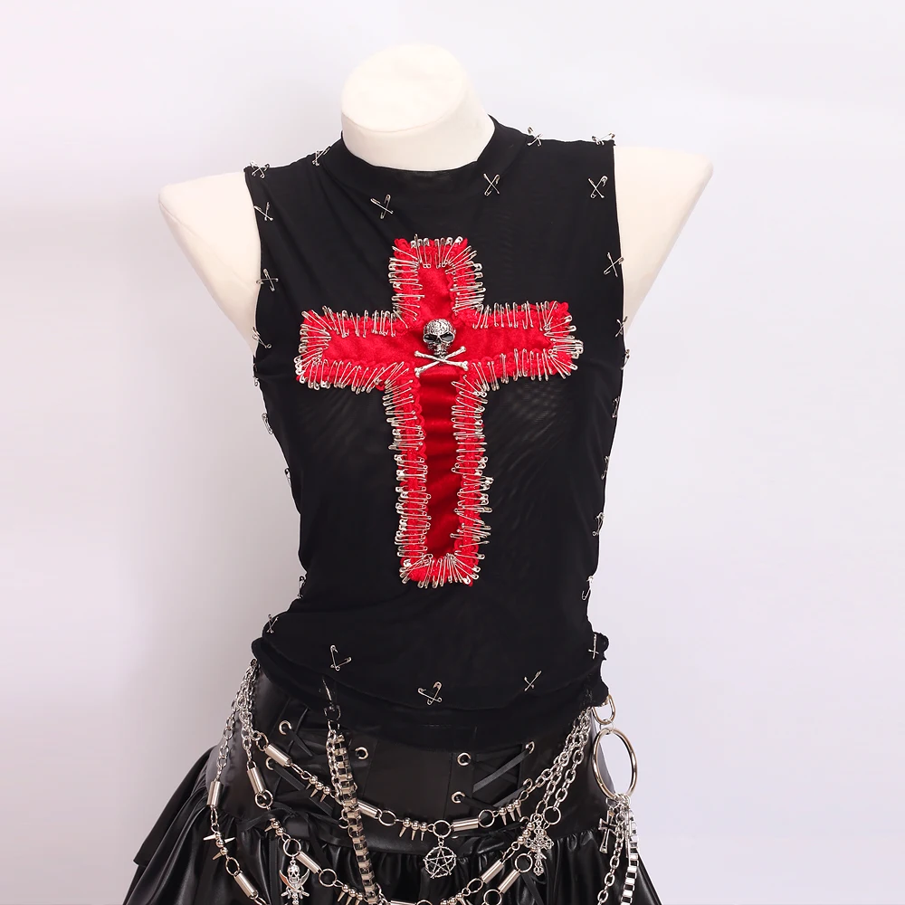 Women's Y2K Gothic Cross Crop Top Emo Grunge Punk Rock Teen