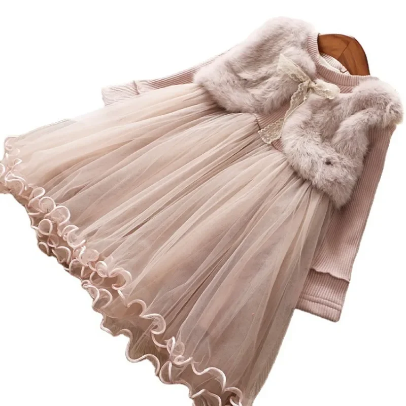 Children Girls Tulle Dress New Autumn Long Sleeves Fake 2Pcs Fluff Princess Dresses Kids Keep Warm Prom Girl Party Girl Clothing