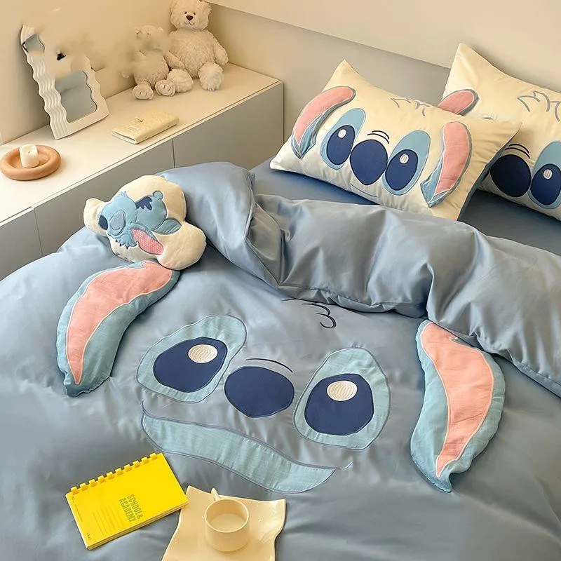 

Stitch 4 Piece Set Sheet Kawaii Pooh Quilt Cover Bed Dormitory Pillow Case Soft Boy Kawaii Room Houseware Daily Necessities Gift