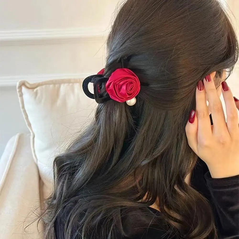 Flower Velvet Bow Hair Claw Creative Hairpin Pearl Red Rose Hair Clip Grab Clip Hair Rope Velvet Headband Female