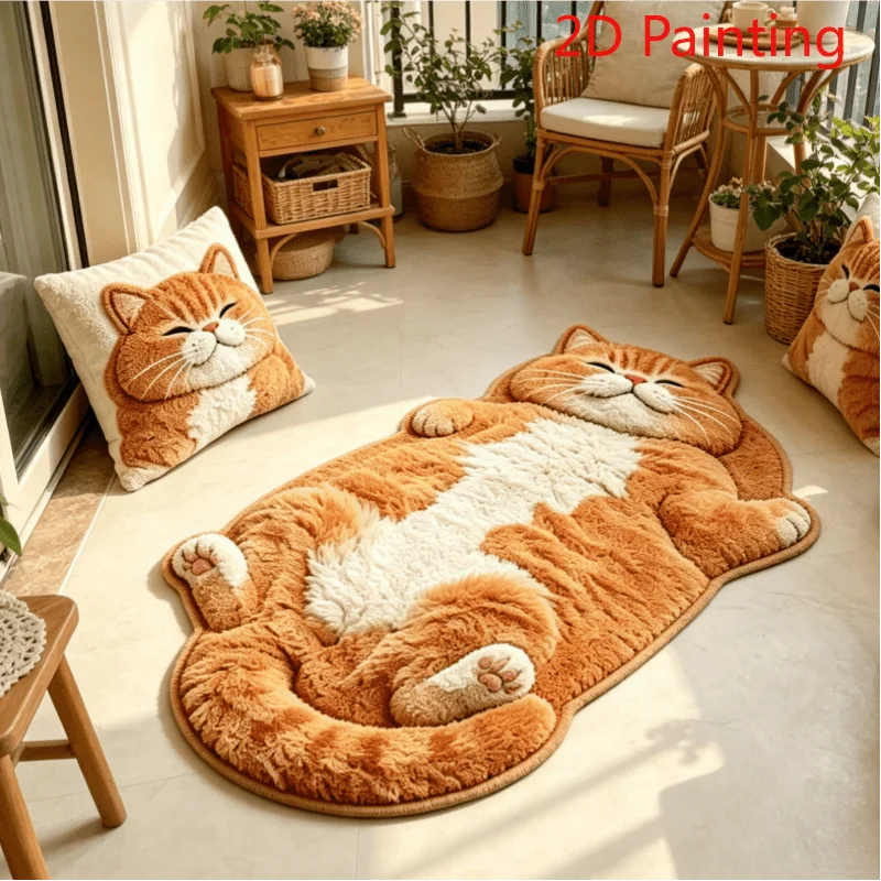 VIKAMA 2D Painted Orange Cat Rug Chubby Lying Shape Non Slip Oilproof Doormat For Bedroom Animal Entrance Home Decor