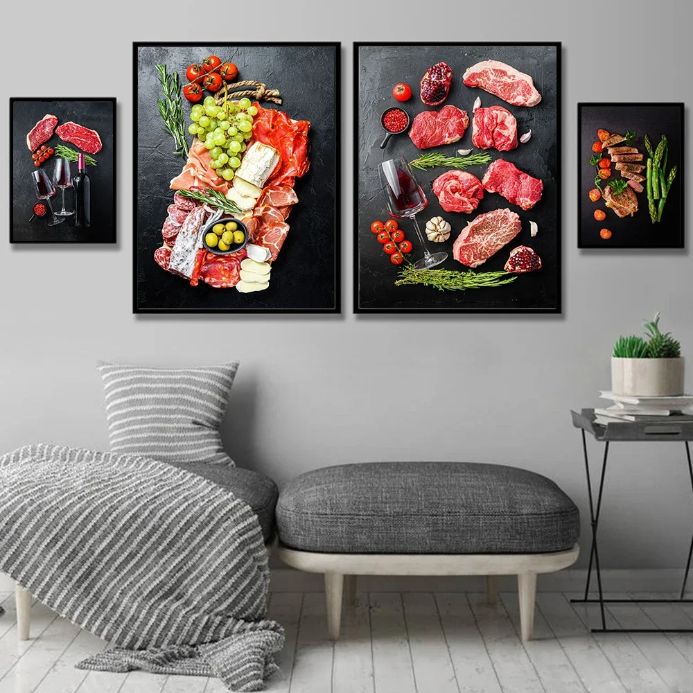 Frameless Canvas PaintingVegetable Fruit Fresh Meat Foods Canvas Painting Prints Scandinavian Poster Wall Art Pictures For Resta