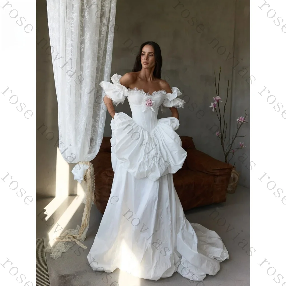 Customized Luxury Off Shoulder Satin Wedding Dress with Ruffled Edges Fluffy Sleeves Tight Corset Mermaid Bridal Gown for 2026