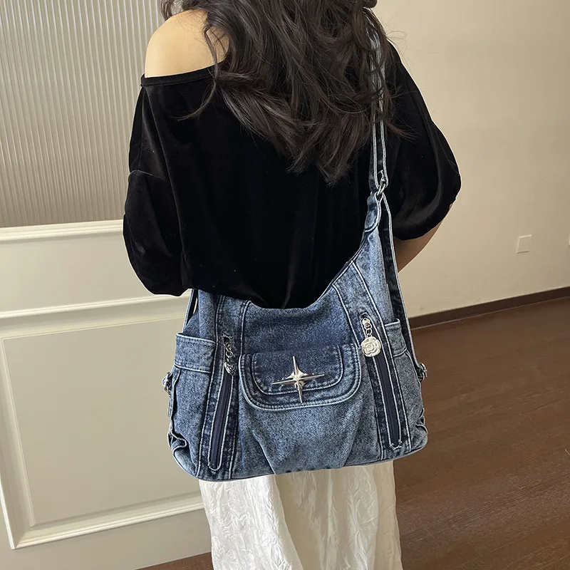 Y2K Vintage Denim Hobo Bag Women Large Capacity Shoulder Purse with Star Charm Multi-Zipper Grunge Crossbody Handbag
