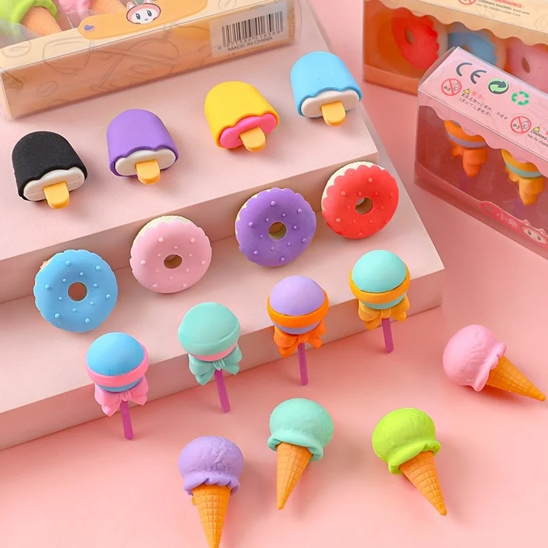 Cute Donut Eraser Box Set 4-Pack Realistic Food Shaped Erasers for Kids Creative School Supplies Bulk Classroom Rewards