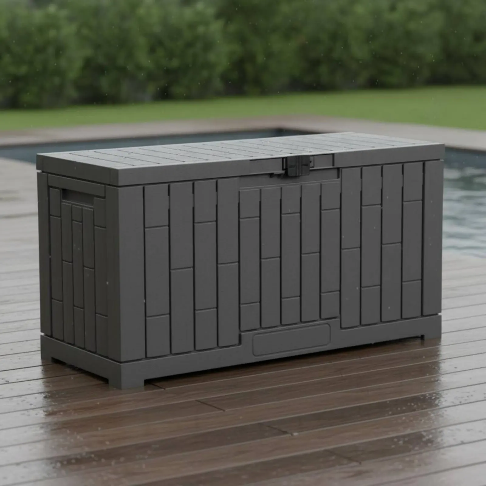 Resin Deck Box Rectangular Outdoor Storage Box Lockable Storage Container Hinged Lid Paneled for Garden, Poolside