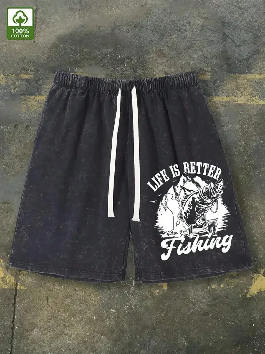 

Washed Cotton Shorts With Fishing Print Men Casual Summer Shorts Adjustable Drawstring Waist