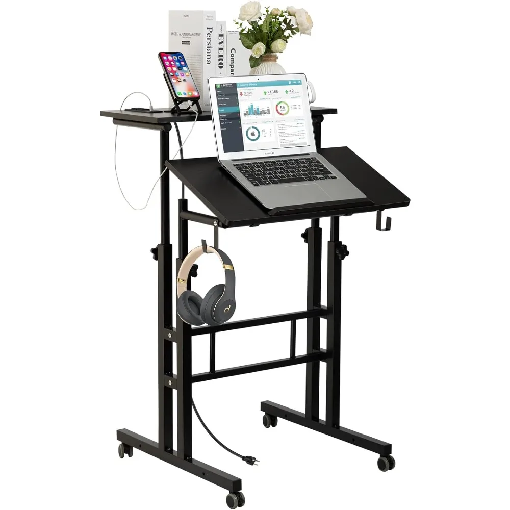 Mobiler Stehpult, verstellbarer Laptop-Schreibtisch mit Rädern, Home-Office-Workstation mit USB-Anschlüssen und Steckdosen, Rolling Desk